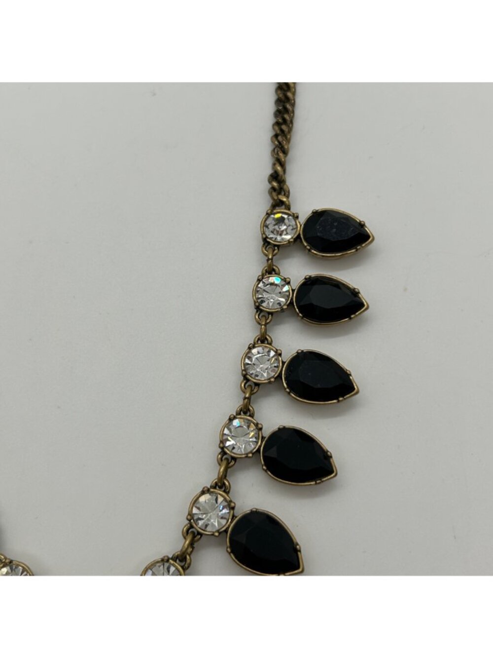 J.Crew Moody Black Necklace Teardrop Rhinestone Statement Antique Gold Bib - Picture 5 of 9